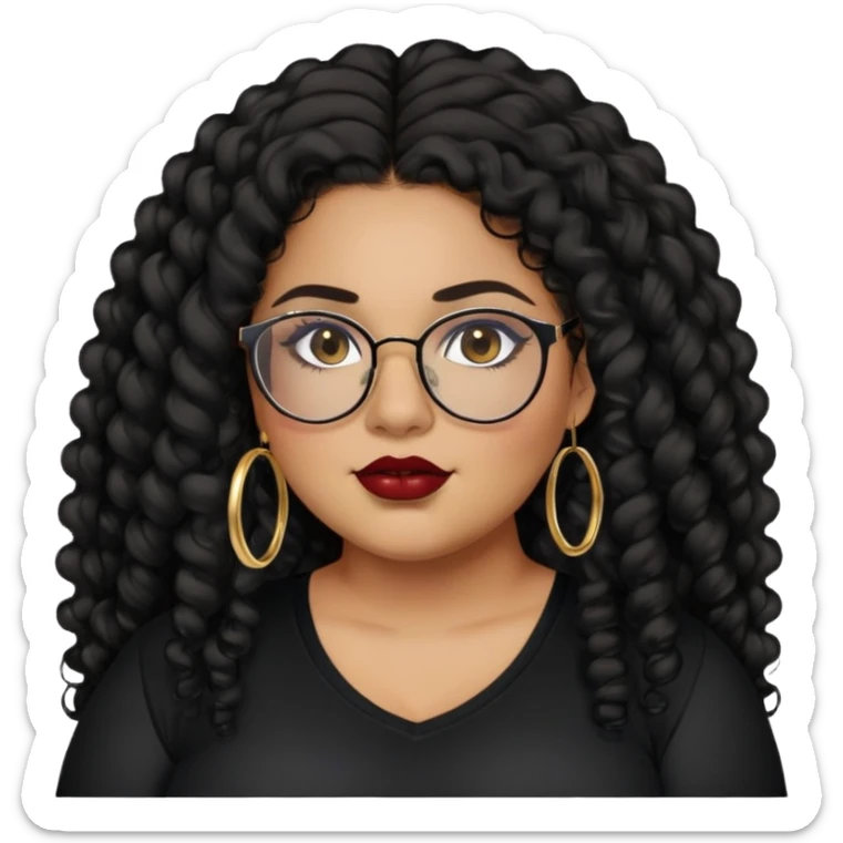 teen big plus size, latina, darker tan skin, gold hoops, long black curly hair, baddie,pretty, makeup, dark red lipgloss, black eyeliner, long hair, black shirt, black glasses sticker