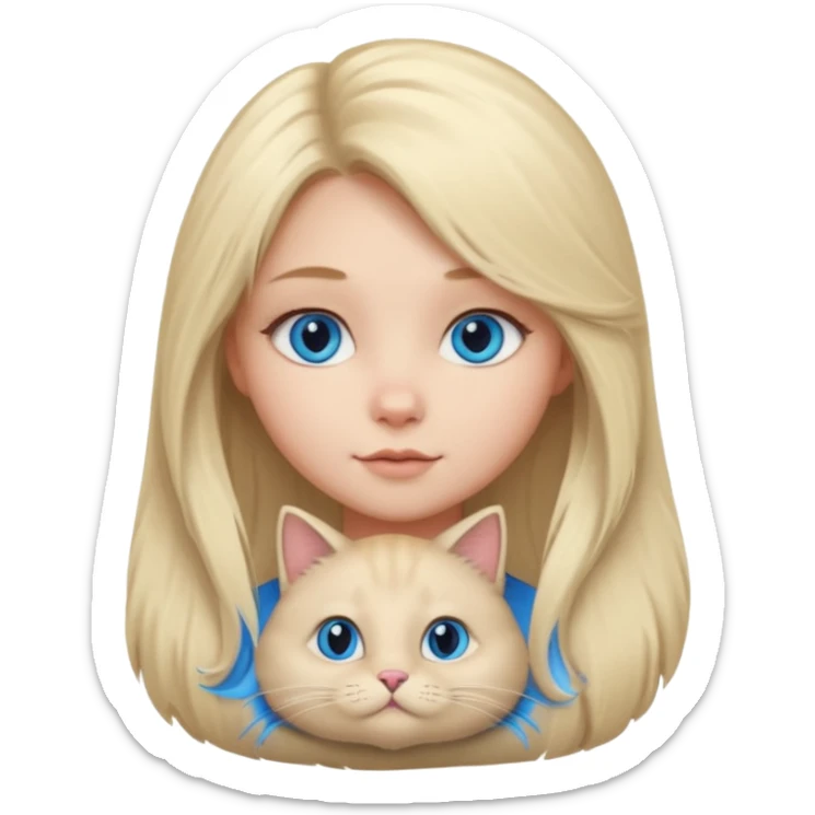 blonde girl with long blonde hair and blue eyes with chubby gray cat sticker