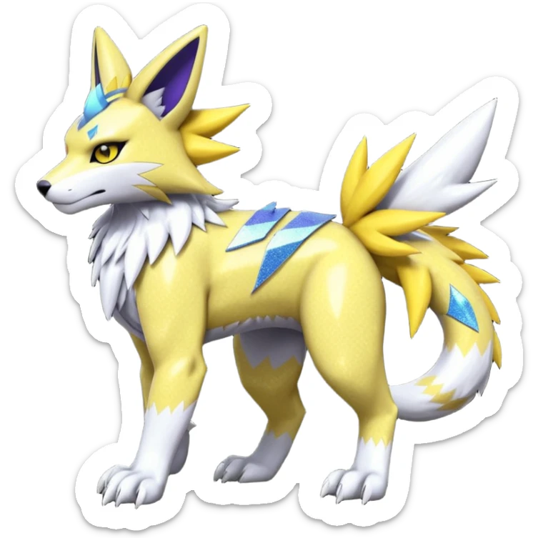 Colorful edgy dark gloomy shiny sparkly glittery WereGarurumon-Renamon-Zeraora-fusion sticker