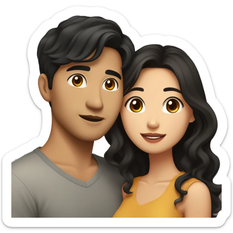 A half pale Asian man with short dark hair and amber eyes embracing and loving a half Asian woman with long wavy dark hair and dark hazel eyes. They love each other a lot And have good fashion taste. And are having a lot of fun sticker
