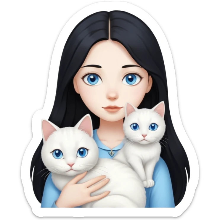 black hair girl with long hair white cat with blue eye sticker