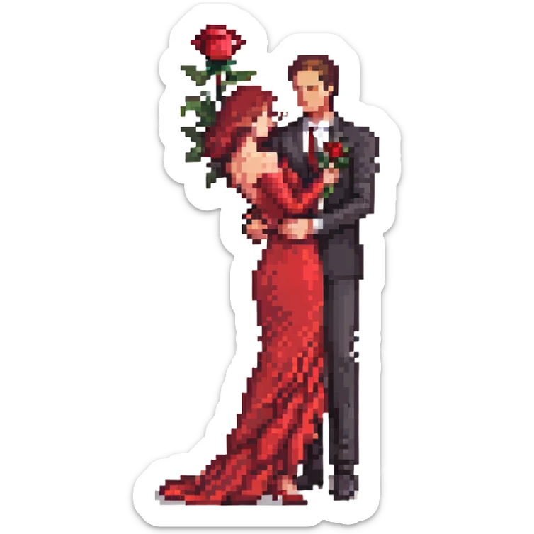 pixel art of a romantic couple dancing the Spanish tango, man in black suit with red rose on chest, woman in flowing red dress with one leg extended in dramatic tango pose, close embrace, expressive movements, classic tango elegance, small pixel art style, emoji size, cute and vibrant sticker