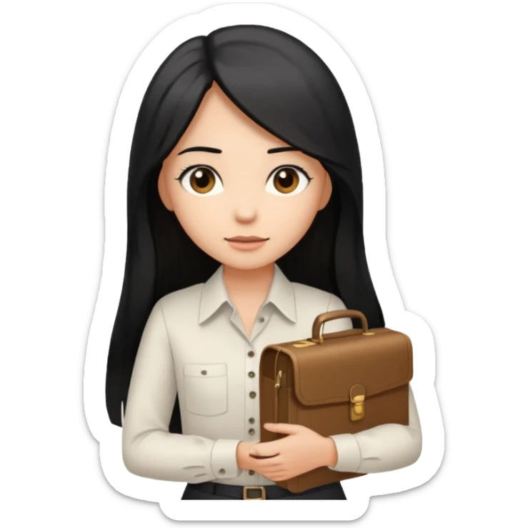a light tan woman with long black hair past mid-back, round brown eyes, white button up shirt. holding manila case files in her hands. sticker