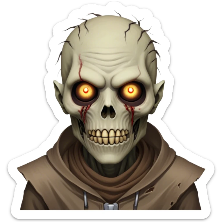 Cinematic Realistic WoW undead civilian Portrait, head tilted epicly and inquisitively, showcasing grim resilience and defiant strength. His withered, pallid skin and intense, glowing eyes contrast starkly with his worn, earth-toned clothes, rendered in meticulous detail. With dynamic, high-contrast lighting and high shine, this portrait exudes an epic aura, capturing the relentless will of a battle-hardened undead civilian. sticker