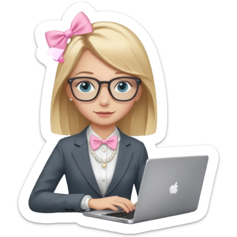 Please take the girl with laptop emoji and make her glassess light brown, her eyes ocean blue and her nose a bit smaller and pointier and she has blonde very long hair and a dark grey suit and pearls necklace, and has a laptop in fron of her and a tiny pink bow on the left side of her head sticker