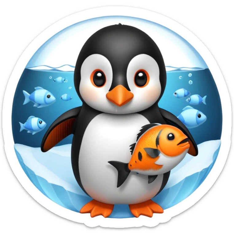 A cute penguin doll holding an orange fish doll in its hands.
A house of ice behind it. sticker