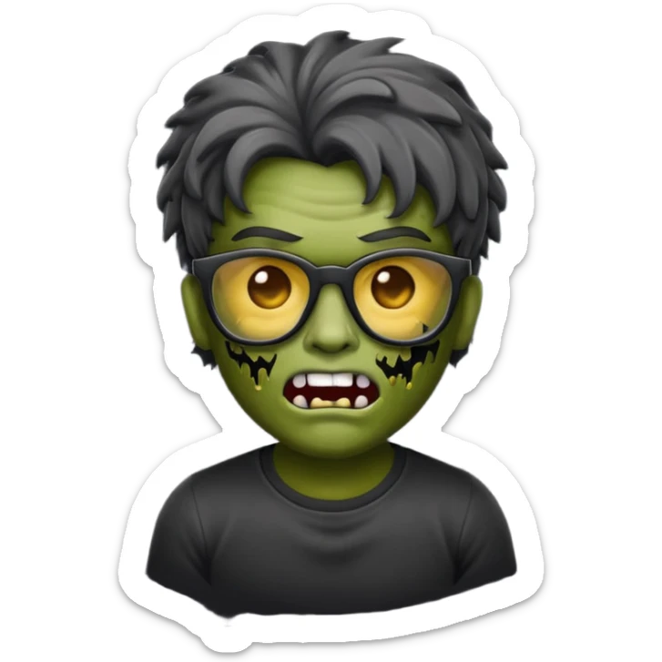 Crie um zumbi estilo emoji do iPhone com cabelo ondulado grande masculino com camiseta preta e óculos de grau preto sticker