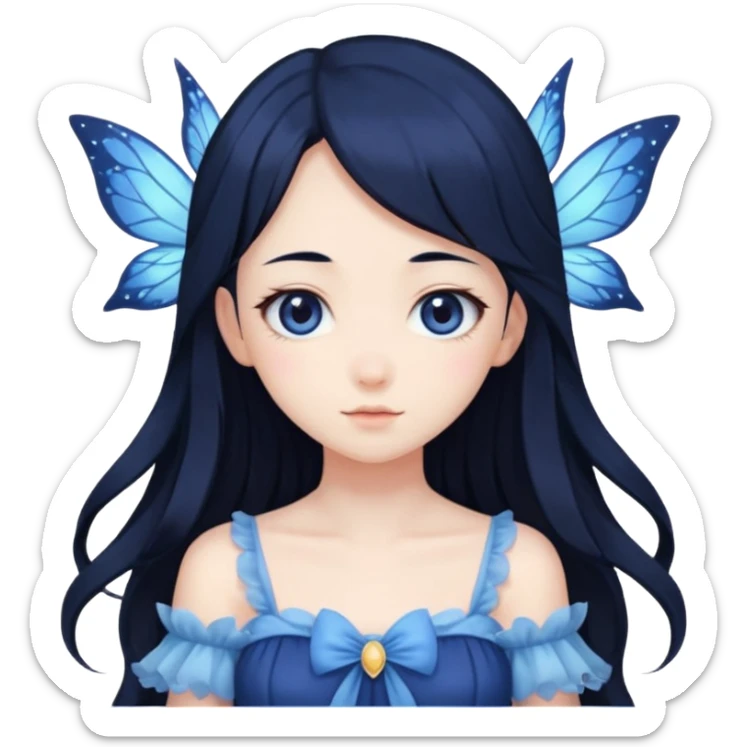 Gothic anime fairy with long beautiful black hair and dark blue dress, pastelcore, sticker