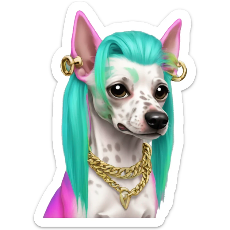 Punk tropical Chinese crested dog neon rainbow cyan green pink hair gold chain punk piercings tattoos punk ear piercings sticker