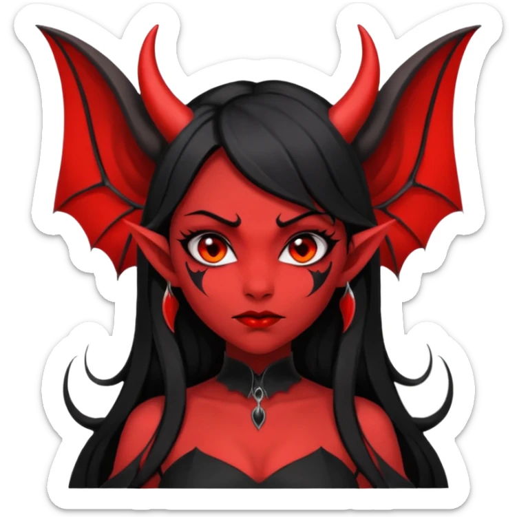 demon girl, skin red , black long hair, small horns, pointed ears, bat wing, black open-back dress, bold black outlines, red+black palette sticker