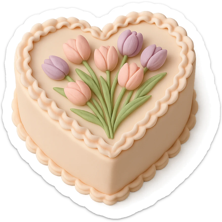 heart-shaped fondant cake with piped tulips sticker