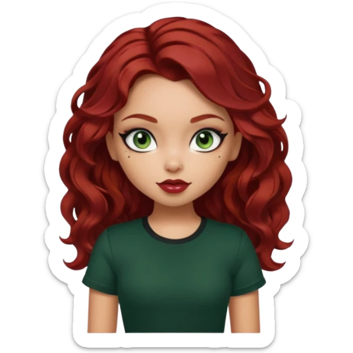 a pretty fair bratz girl with wavy dark red hair, wearing a black tee. eyeliner on, forest green eyes. Waist up sticker
