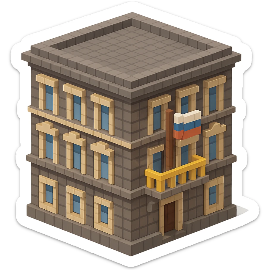 old Saint Petersburg building in voxel style, gray-brown tones, Russian flag on a small flagpole attached to a balcony, isometric view sticker
