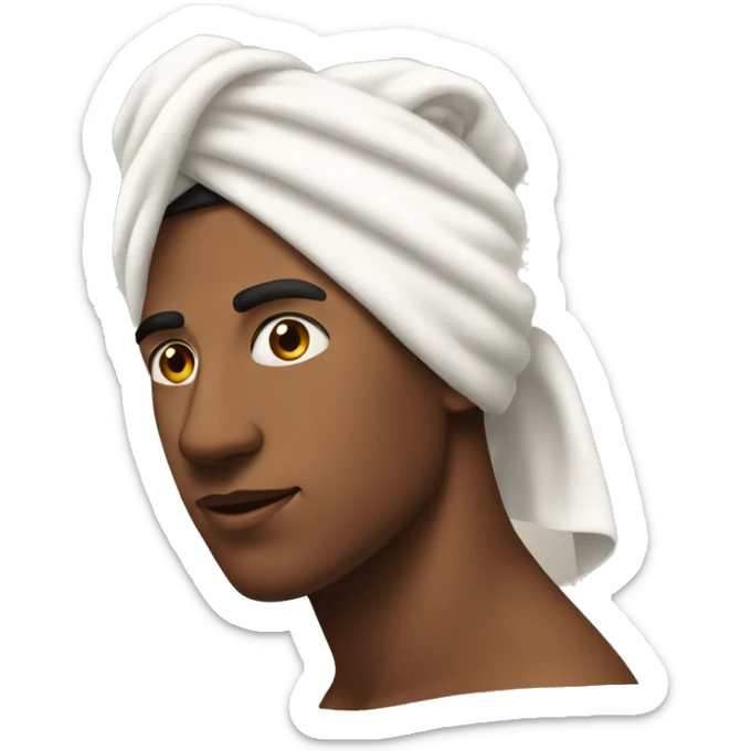 A young man wearing a towel on his head and a facial mask, like after a shower or spa sticker