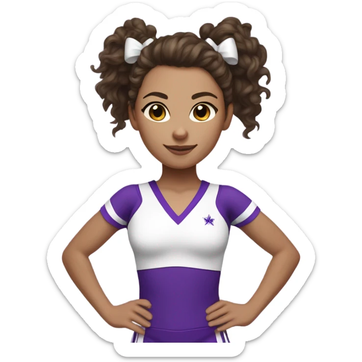 Brunette Cheerleader in white  and purple, curly hair in a high ponytail with a white and purple bow. Medium skin tone  sticker
