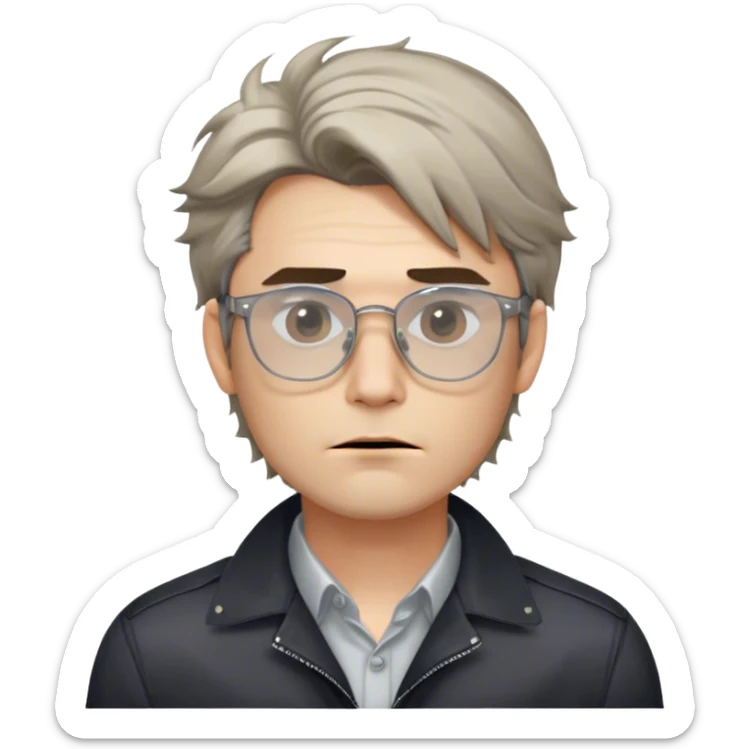 The person (male) has a sharp jawline, with hollow cheeks ,slightly messy hair falling over their forehead. They are wearing transparent glasses with a , a collared shirt, and a dark jacket. Their lips are slightly pursed, and they have a calm, neutral expression.
 sticker