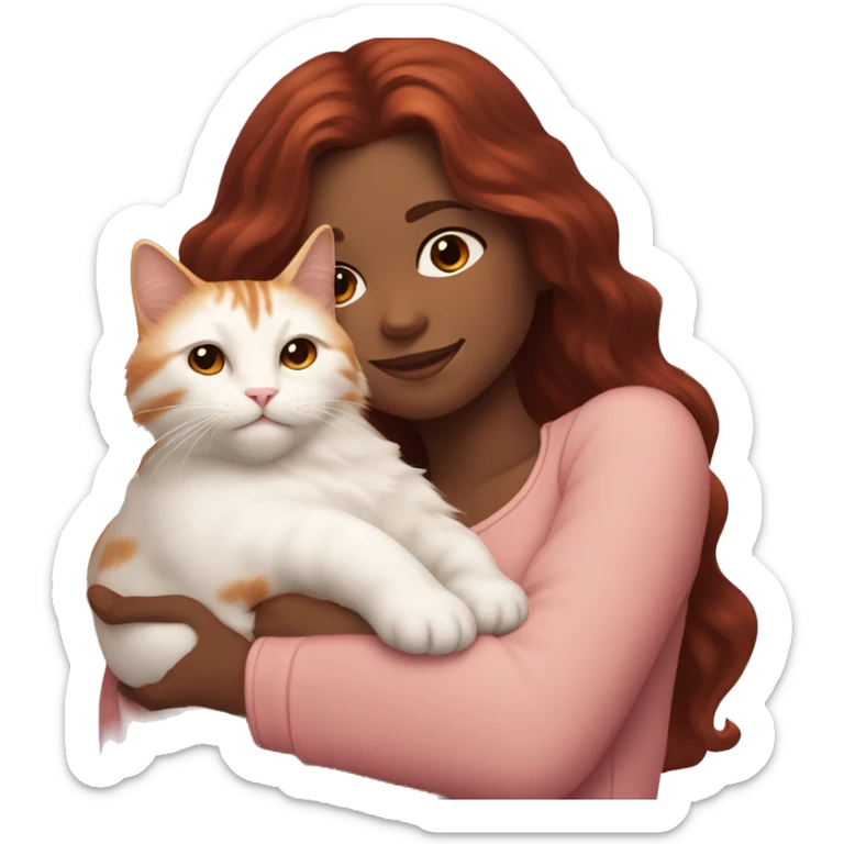 girl with long very dark red wavy hair and dark brown eyes and light pink outfit hugging a white & ginger cat  sticker