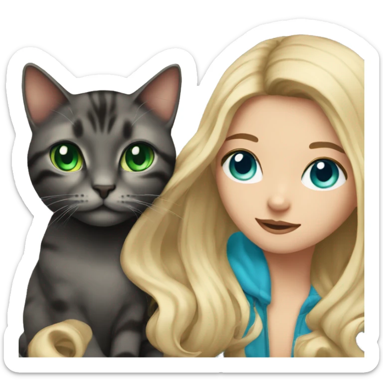girl with blue eyes, with flowing blond hair with black tabby cat with green eyes sticker