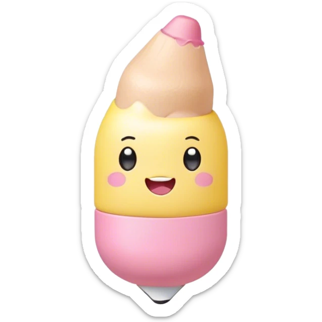 Cute Kawaii Fat Pencil, round and chunky, soft pastel yellow with a cute eraser cap, tiny winking face, glowing highlights, cheerful and ready for doodles! sticker