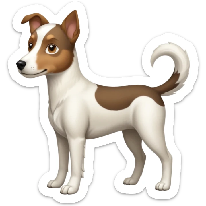 a full body large white floppy eared parson russell looking dog the size of a kelpie with light brown ears and a light brown patch on one eye and a large snout sticker