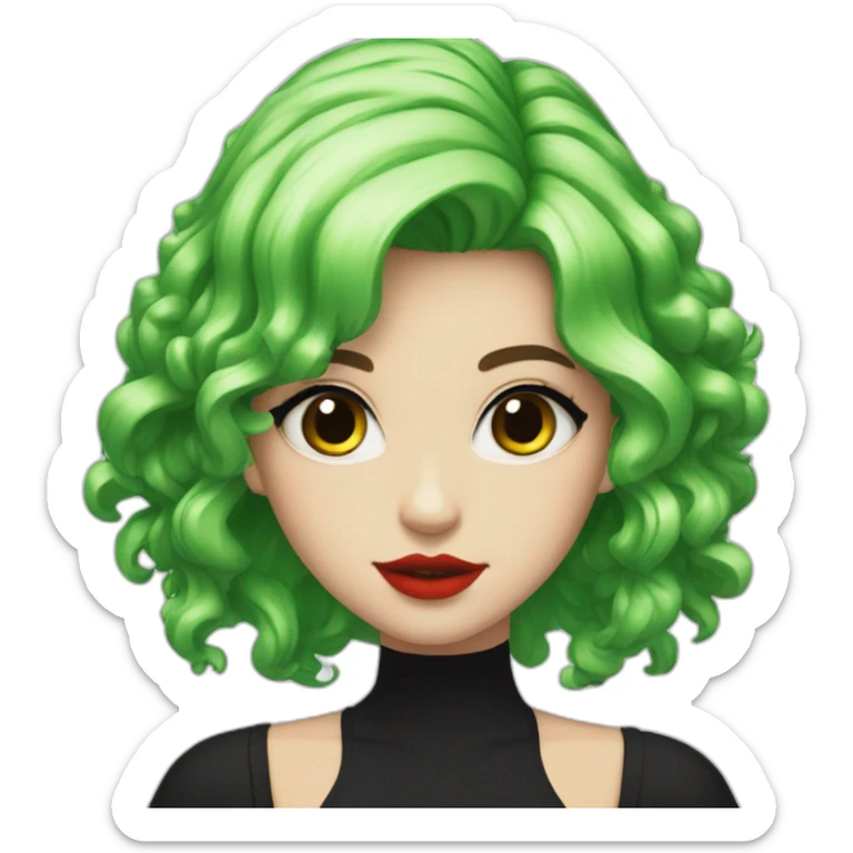 green hair, black outfit, white girl, red lips, looking directly camera, e girl sticker