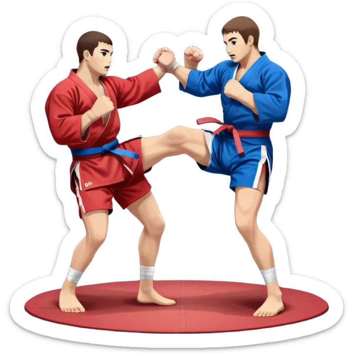Two Sambo fighters in blue and red kimonos, with shorts and wrestling shoes, performing grappling and throwing techniques. The background shows a wrestling mat and an intense, focused atmosphere. Transparent background highlights the fluidity and skill of the sport without strikes. sticker