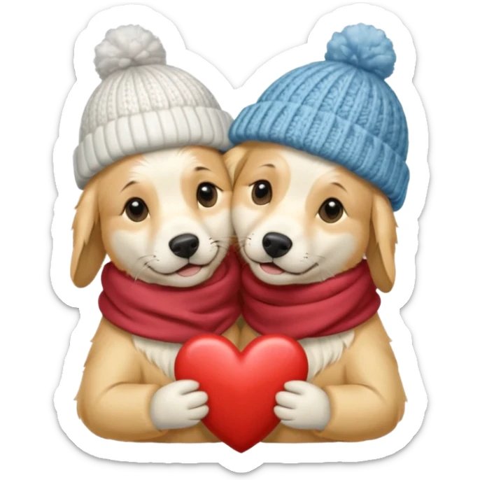 2 English cream golden retrievers cuddling with winter hats and heart in between them. Make them pale dogs  sticker
