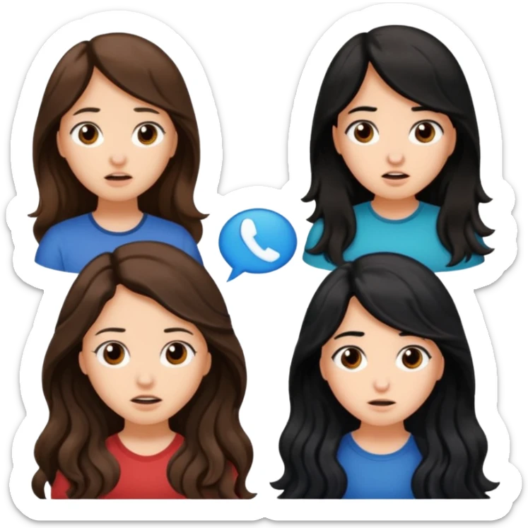 

 
Two girls are talking; one girl who have a ling wayv brown hair looks confused with question , while the other girl with long black hair explains something.  sticker