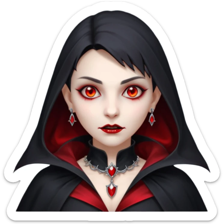 vampire village woman portrait, head and shoulders only, dark gothic cloak collar, sharp fangs, red glowing eyes, elegant yet eerie expression, subtle jewelry, 3D cartoon, mobile game icon style, clean background, no text, no watermark sticker