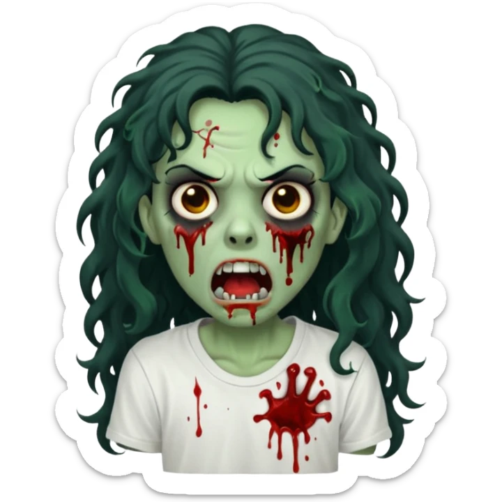 a zombie with long curly black hair volumoso, brown eyes, a white t-shirt and a splash of blood on her t-shirt, mouth open like a zombie, green skin color, not much expression, no drawing on shirt, no hands showing, less blood on her face, less blood, black hair and black eyes sticker