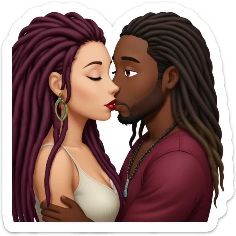 Dark Wine colored hair Latina long hair, kissing black guy with dreads sticker