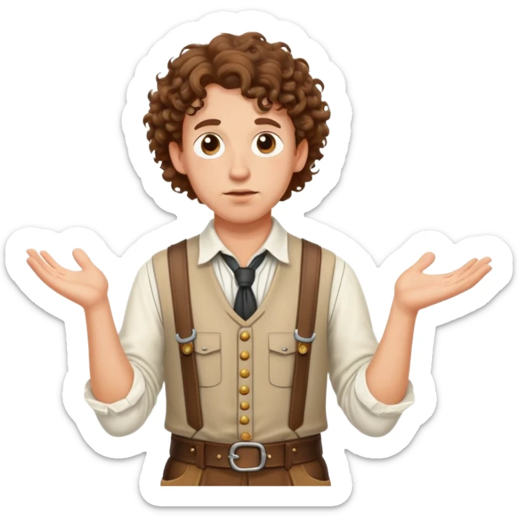 German person with brown curly hair in typical Bavarian clothing (lederhosen) shrugging and looking lost sticker