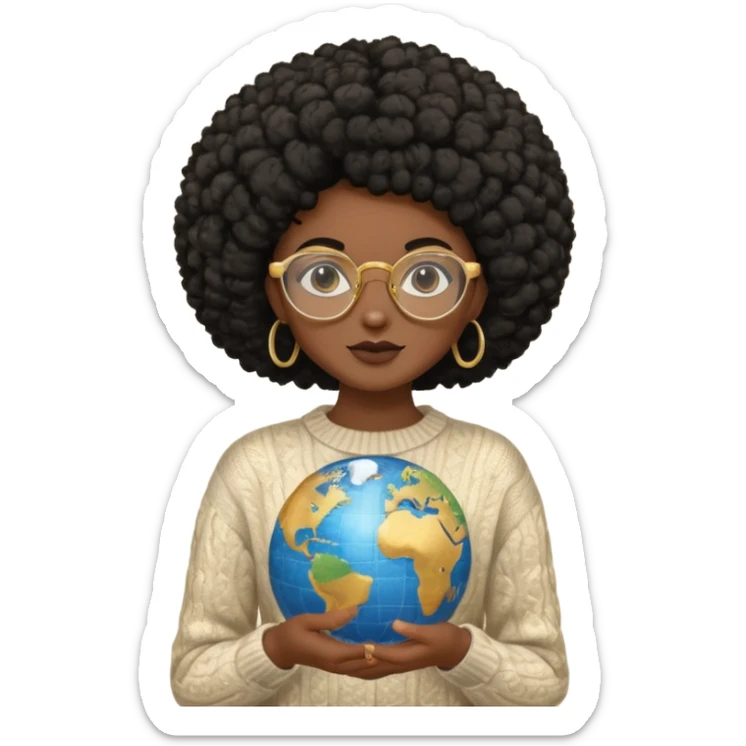 a young woman wearing gold round glasses and black afro hair, she has medium-dark skin, she's wearing a sweater and she's holding a globe in her hand sticker