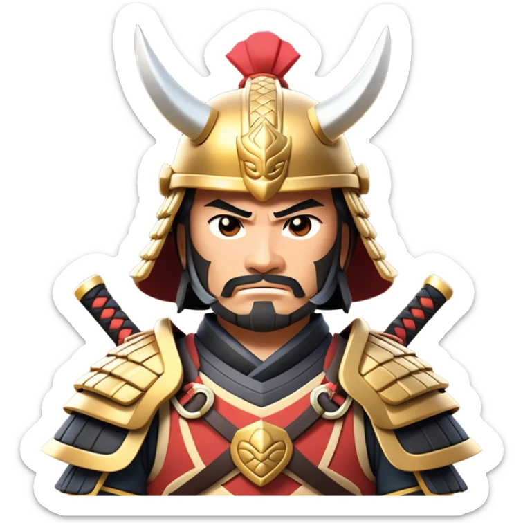 clash-of-clans-aesthetic_-cinematic-fearsome-and-majestic-samurai-bust-portrait-emoji, rendered in a flat, vector-style with minimal shading and bold, simplified shapes typical of emoji art, depicting a battle-hardened samurai with steely eyes and traditional Japanese armor, riding a noble warhorse adorned with an intricately designed saddle and fluttering banners, against a backdrop of cherry blossoms and a rising sun. sticker