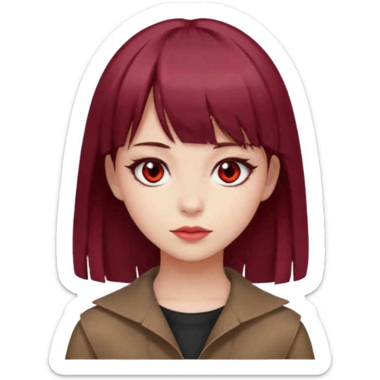 beautiful girl with maroon medium hair, straight bangs and red bando, red eyes and brown clothes sticker