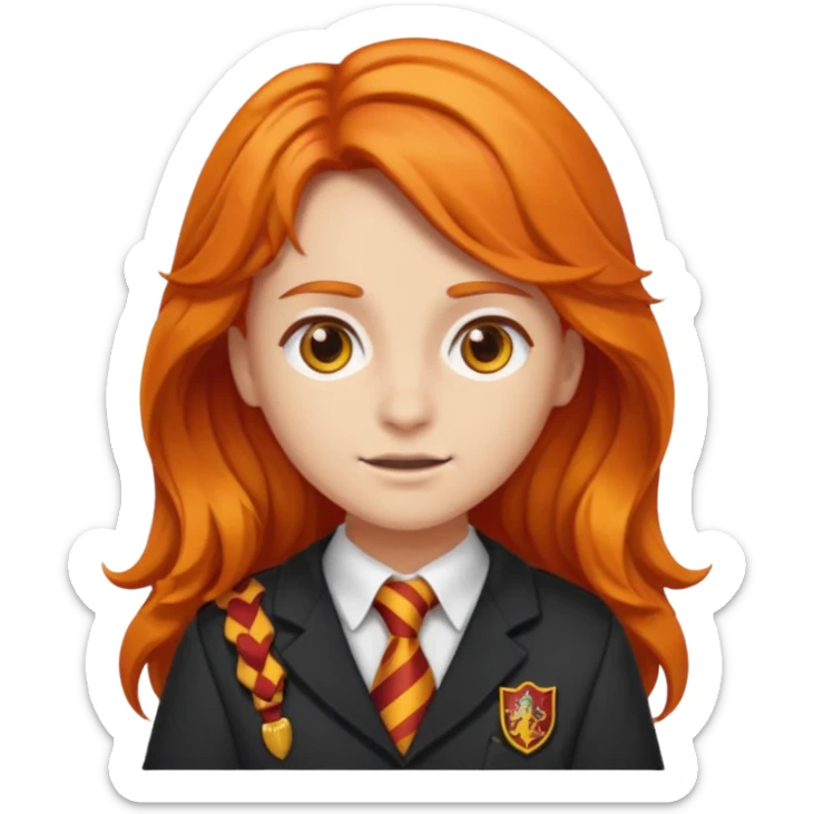 A iphone emoji with long wavy fierce orange hair and hazel eyes, wearing Gryffindor school uniform sticker