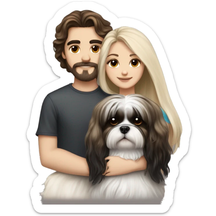 A couple, one very beautiful girl with very long volume hair brown and blond and one boy with perfect hair that hugs her and also hugs two black and white shih tzu sticker