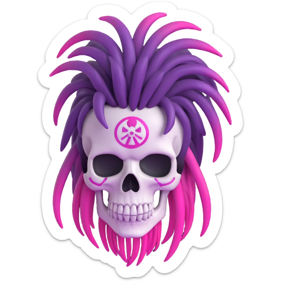 Change the dreadlocks to purple with pink ombre in the original 3D cartoon skull style, no background. sticker