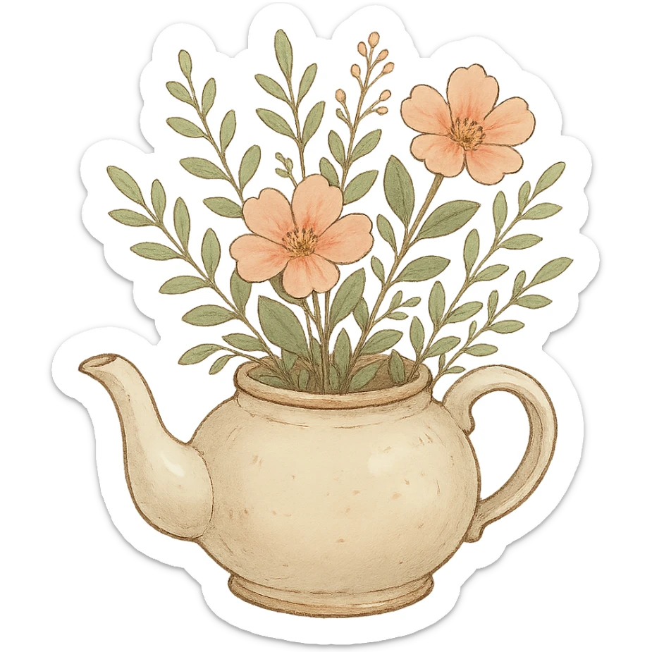 teapot with flowers and leaves in ghibli style, delicate, detailed, cozy sticker