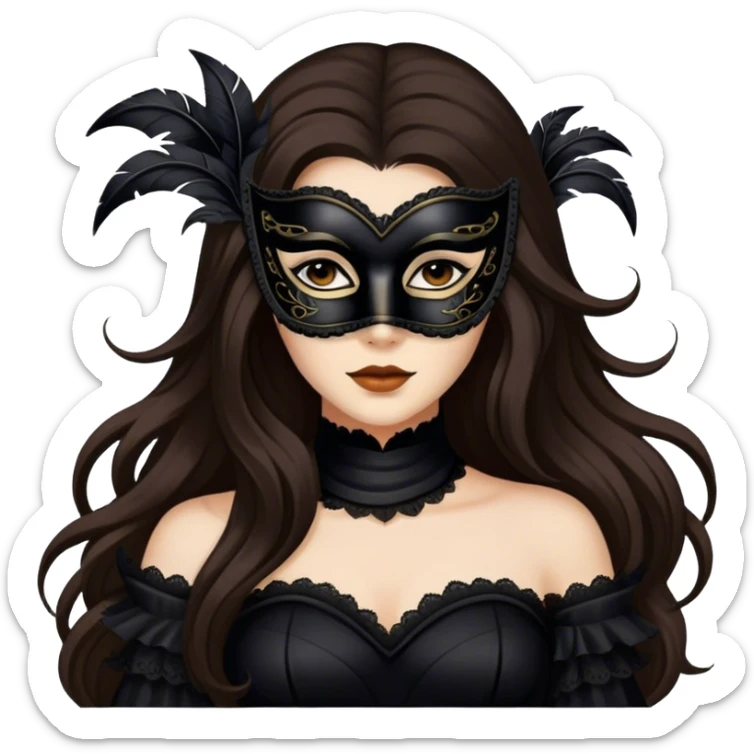 Greeneyed Woman hair with Long Dark brown hair wearing Black venetian mask sticker