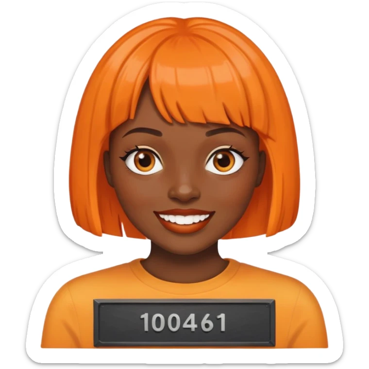 dark skinned Black woman with orange bob wig like Chucky's hair, visible plaque on her teeth sticker