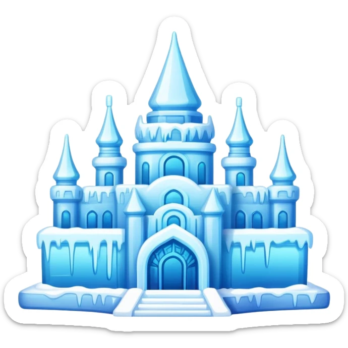 Harbin Ice and Snow Festival colorful ice sculpture, simplified emoji style with bold outlines and bright colors, cartoon style ice building sticker