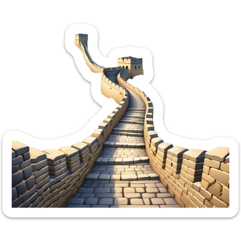 Cinematic Realistic Great Wall of China Landmark Emoji, depicted with ancient stone pathways winding over rugged mountains, watchtowers punctuating the misty landscape, and soft golden sunlight casting dramatic shadows. sticker