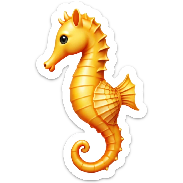 Cinematic Cute Sea Horse Portrait Emoji, Head tilted playfully and inquisitively, featuring a charming, slender form with a delicately curved body and a whimsical, curled tail, accented by round, sparkling eyes full of gentle wonder, Simplified yet irresistibly adorable features, highly detailed, glowing with a warm, inviting aquatic glow, high shine, affectionate and lively, stylized with a touch of enchanting marine charm, soft glowing outline, capturing the essence of a mischievous yet loving sea horse that seems as if it could float out of the screen into your arms! sticker