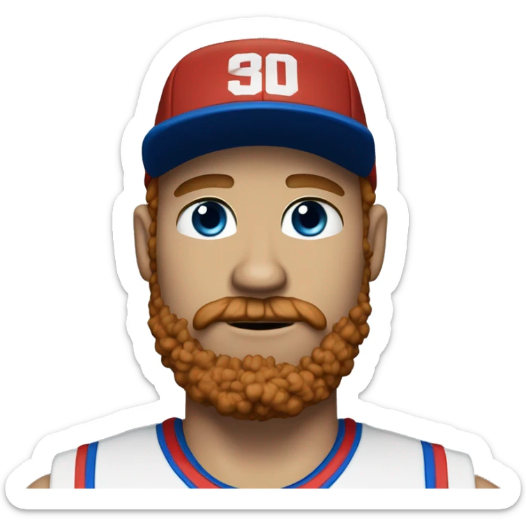 35 years old, male, short curly red hair, black basketball hat, blue eyes, pale complexion, thick beard and thin mustache sticker