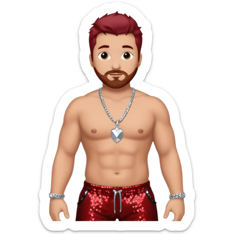 Joey Fatone with dark red hair, black sequin baggy pants, shirtless with necklace sticker