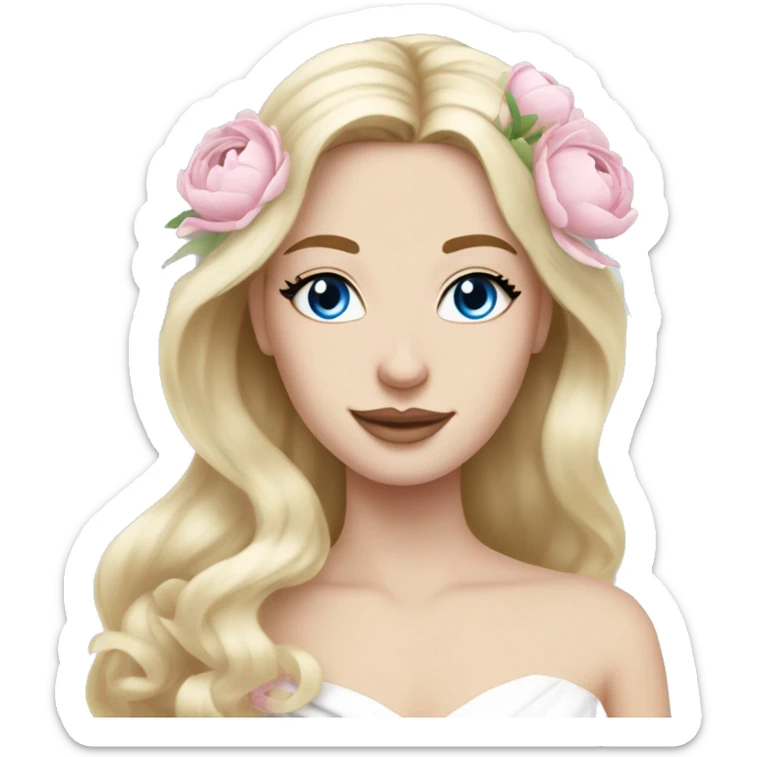White bride with long light blonde hair and blue eyes with light pink peonies in hair white skin  sticker