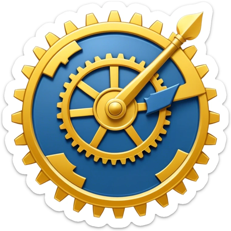 Un libro azul navy con detalles dorados, bordes metálicos y un gear dorado con una flecha ascendente como productividad en la portada, irradiando productividad, estrategia y éxito en movimiento sticker