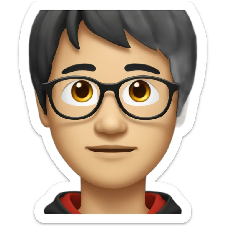 A mature Chinese boy with black hair and circle-shaped eyeglasses wearing black hoodie sticker