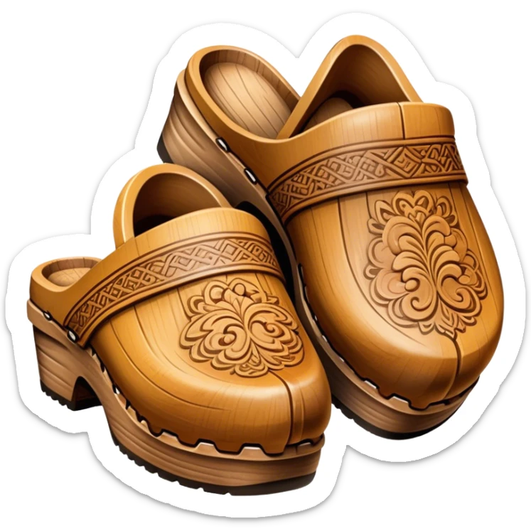 Cinematic Realistic Wooden Clogs Emoji, depicted as a pair of traditionally carved weathered wooden clogs with intricate details and rustic charm, rendered with rich textures and warm natural lighting that captures their cultural heritage. sticker